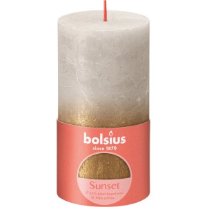Bolsius Rustik-Kerze Sunset, sandgrau-gold, 130/68 mm. Stumpenkerze mit Metallic-Effekt.