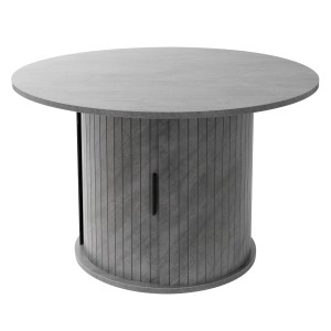 Runder grauer Couchtisch in Beton-Optik mit Schiebetür und Stauraum. Moderner Wohnzimmertisch Ø80x50 cm.