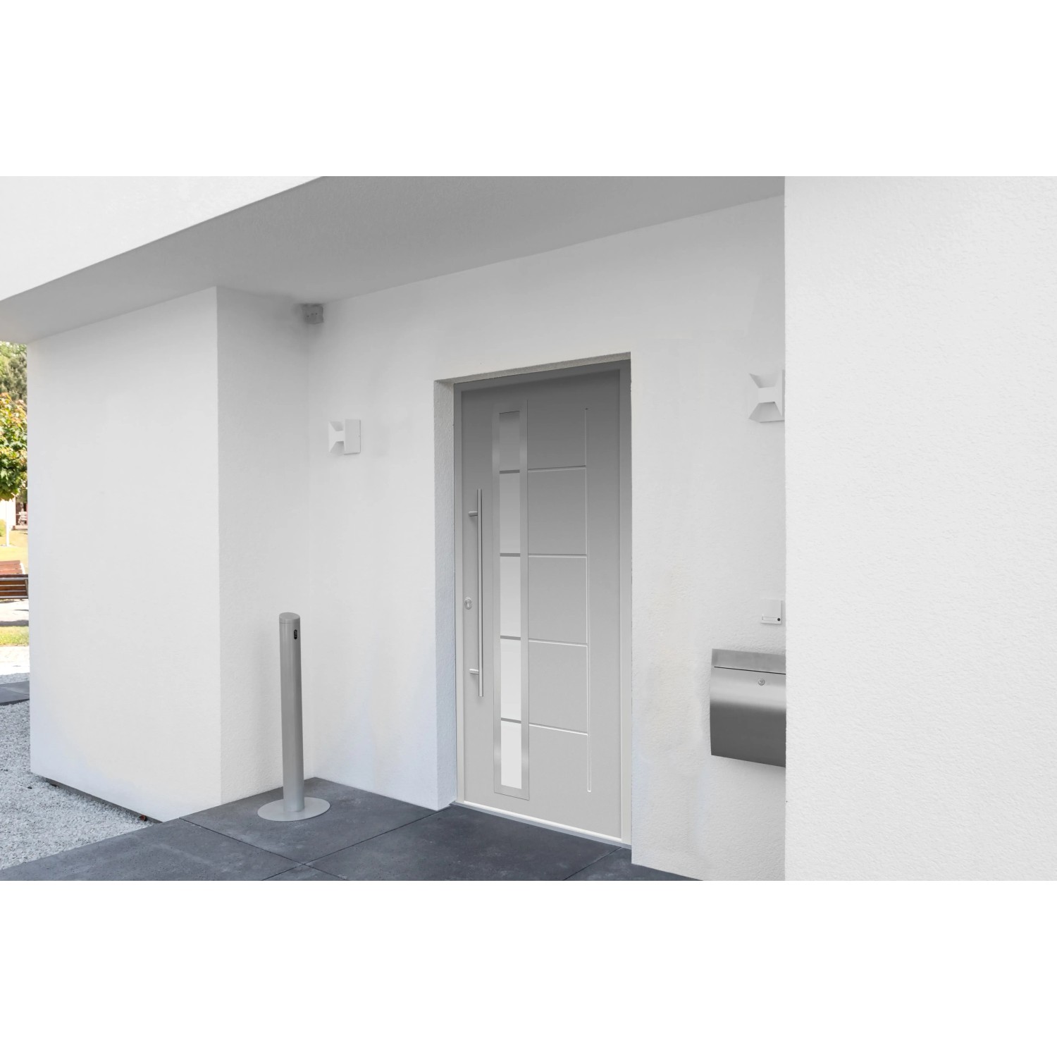Graue Haustür Thermospace Paris Prime mit Edelstahlgriff und Glaseinsatz