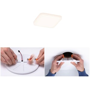 Paulmann LED-Einbaupanel Veluna VariFit, eckig, 75x75mm, 4,5W, 3000K, Satin, mit Montagebeispiel.