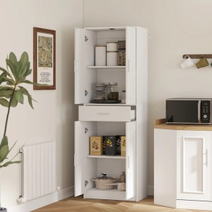 Weißer HOMCOM Küchenschrank (60x35x180cm) mit offenen Türen und Schublade, gefüllt mit Küchenutensilien.
