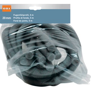Graues OBI Füllprofil, 20 mm x 5 m, für Fliesenzubehör. Schaumstoffrolle in Folie.