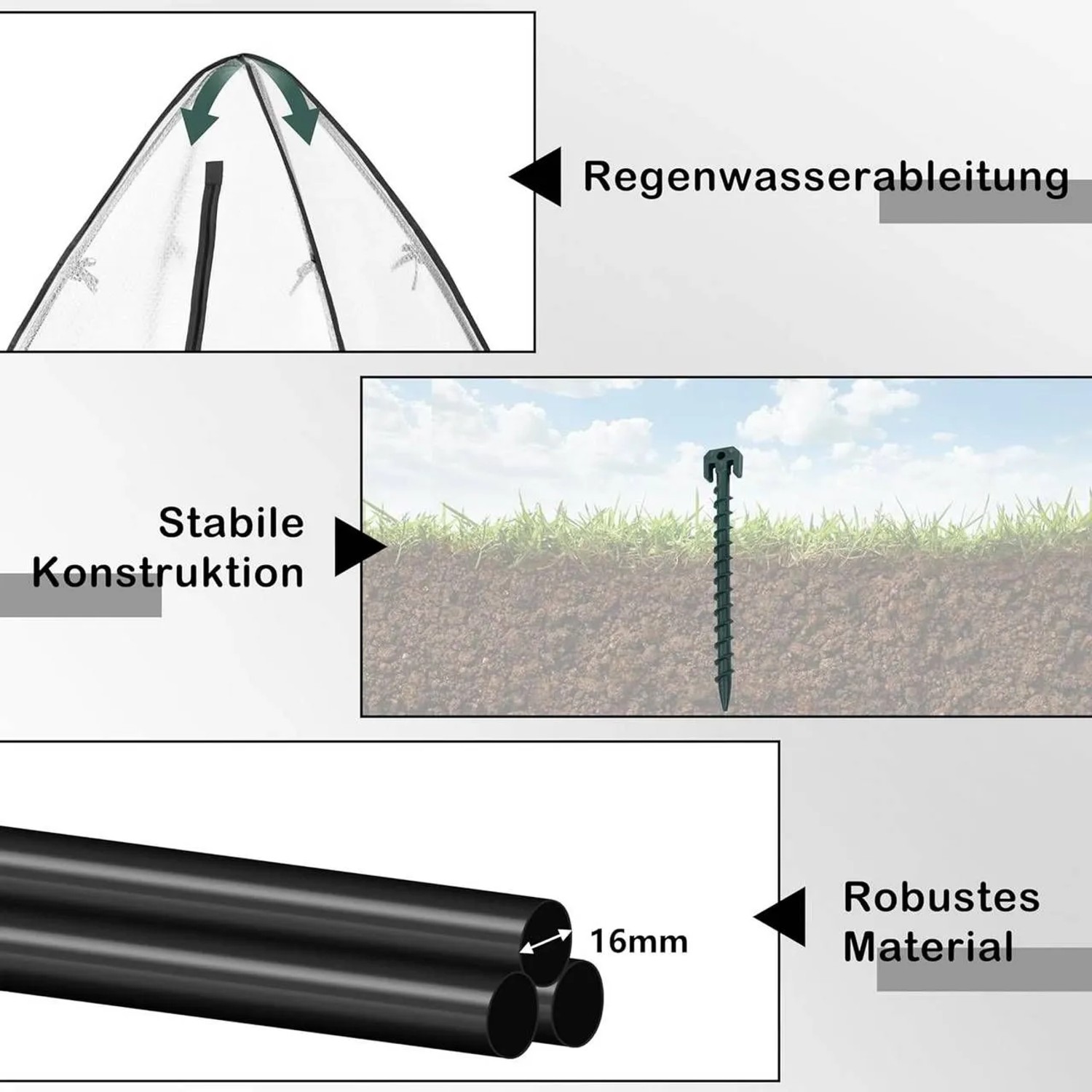 WOLTU Foliengewächshaus: Spitzdach für Regenwasserableitung, Bodenanker für Stabilität, 16mm Stahlrohre.