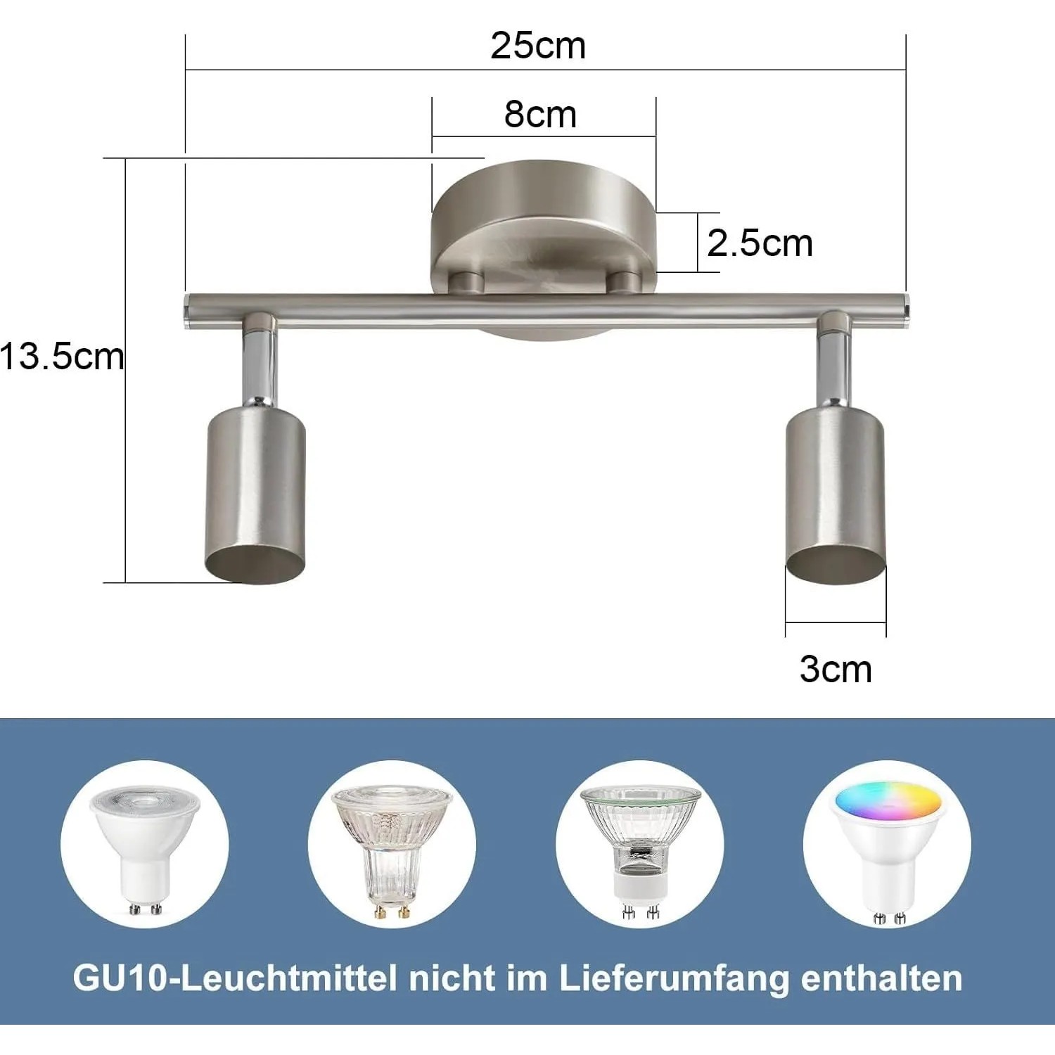 NETTLIFE Deckenstrahler, 2-flammig, silbernes Metall, mit Maßen und GU10-Fassung. Leuchtmittel nicht enthalten.
