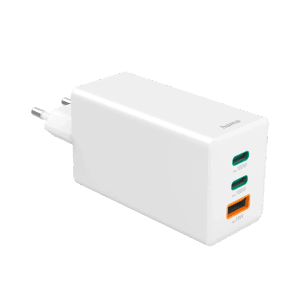 Weißes Hama Schnellladegerät Mini GaN mit 2 USB-C und 1 USB-A Anschluss. 100W Leistung.