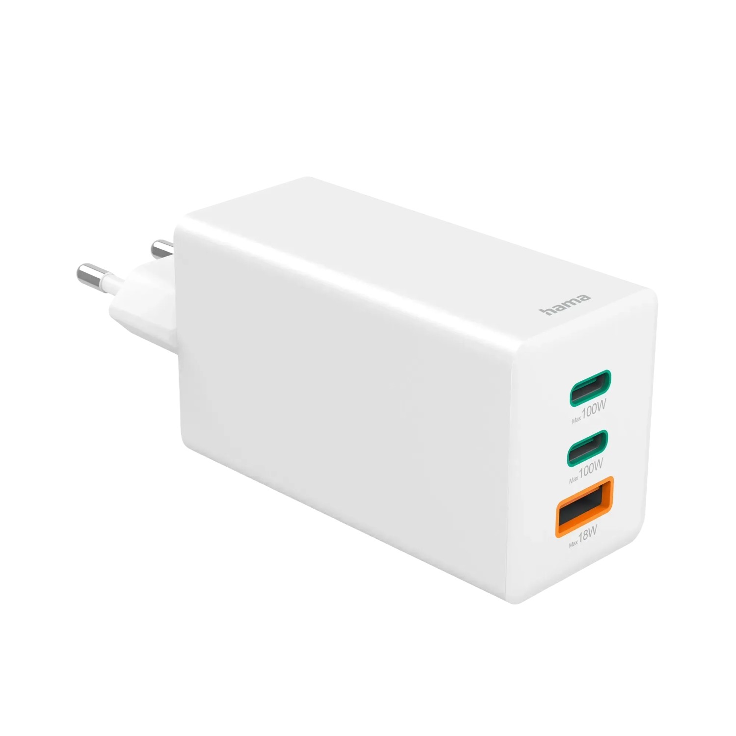 Weißes Hama Schnellladegerät Mini GaN mit 2 USB-C und 1 USB-A Anschluss. 100W Leistung.