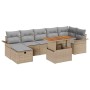 Beiges 8-teiliges Garten-Sofa-Set aus Polyrattan mit Tisch und grauen Kissen.