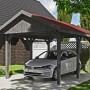 Satteldach-Carport Wallgau, schiefergrau mit roten Dachschindeln, Auto steht im Carport.