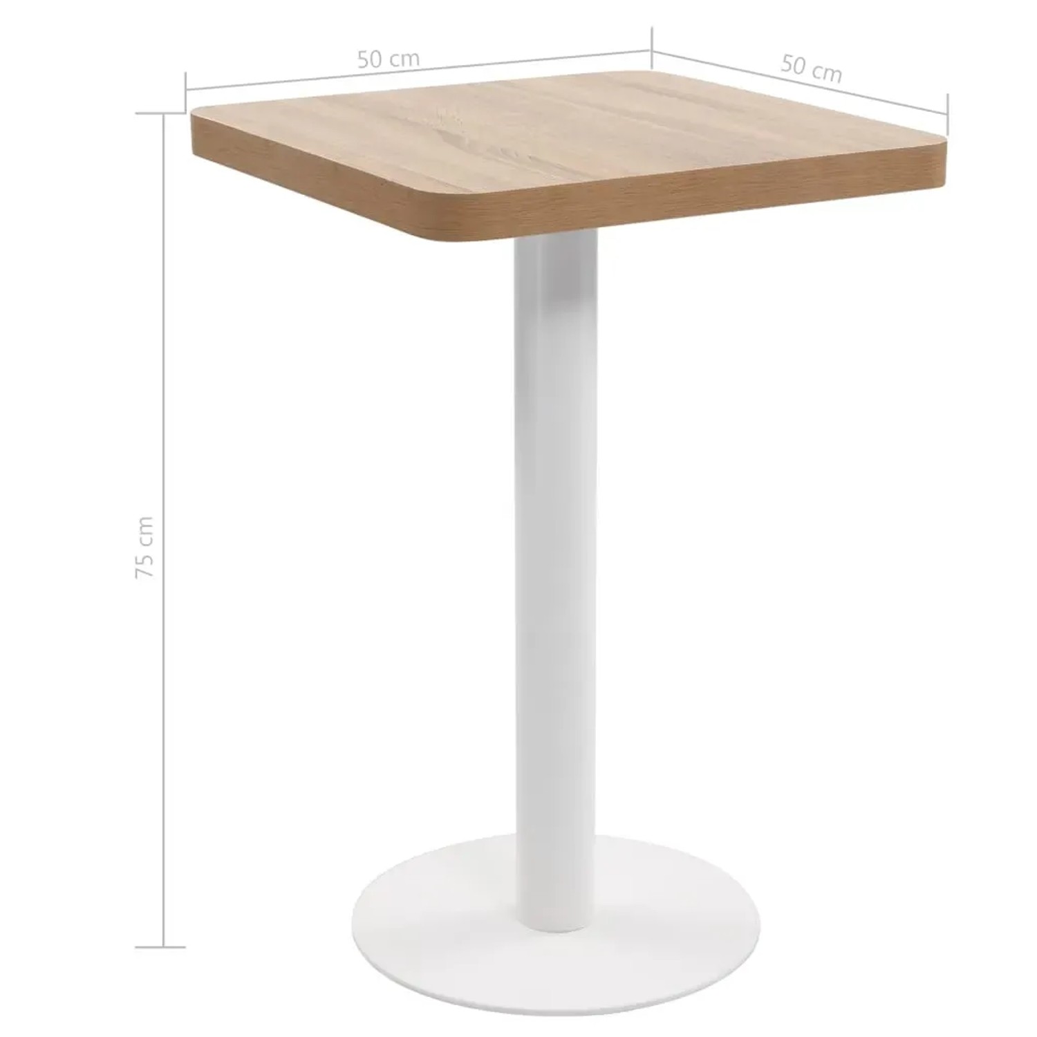 Bistrotisch: Quadratischer, hellbrauner Tisch mit weißem Stahlfuß, 50x50x75 cm.