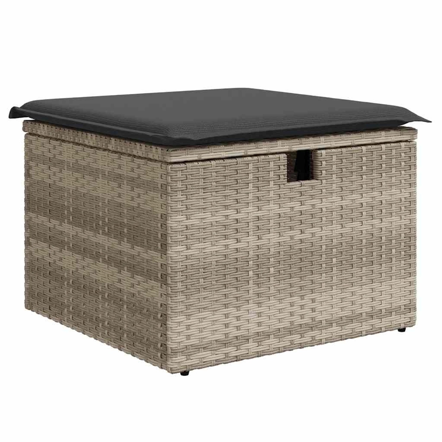 Hellgrauer Rattan Hocker mit dunklem Kissen, Teil der vidaXL Garten-Sofagarnitur.