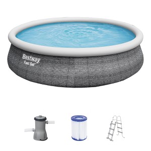 Bestway Fast Set Pool-Set Ø 457 cm, Schiefergrau, mit Filterpumpe, Leiter und Filterkartusche.