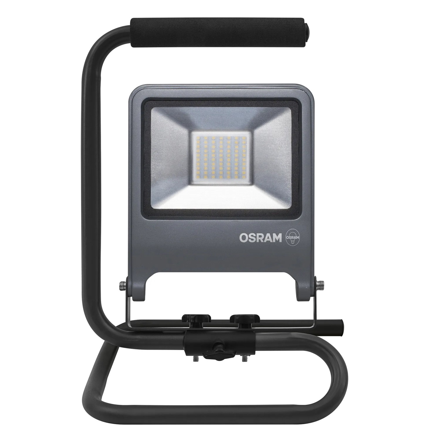 Osram LED-Baustrahler S-Stand 50W, dunkelgrau, mit schwenkbarem Kopf und Tragegriff.