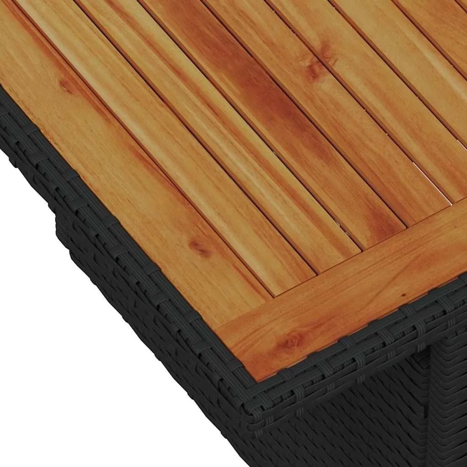 Detailansicht: vidaXL Garten Essgruppe, Tischplatte aus Akazienholz, schwarzes Rattan.