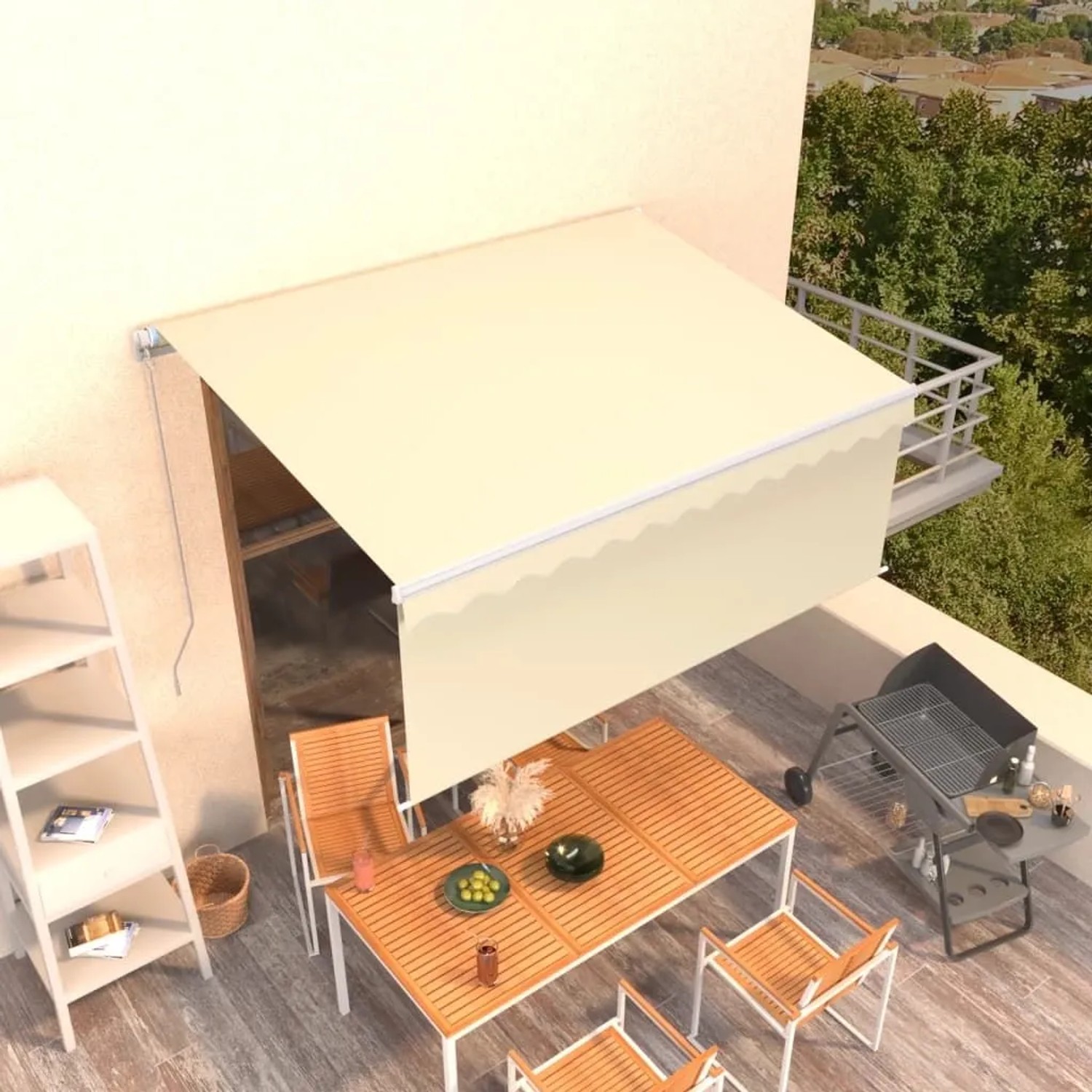 Cremefarbene vidaXL Markise manuell einziehbar mit Rollo auf Balkon, spendet Schatten. 3,5x2,5m.