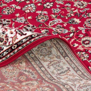 Detailansicht des roten Pergamon Orient Teppichs Trendline mit Bordüre, 80x150cm.