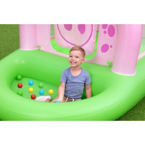 Bestway Trampolin Up, In & Over Oinkster Ferkel mit Kind und Bällen im Bällebad.