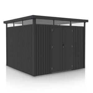 Modernes, anthrazitfarbenes Juskys Gerätehaus Luzern mit Doppeltür und Fensterband unter dem Dach.