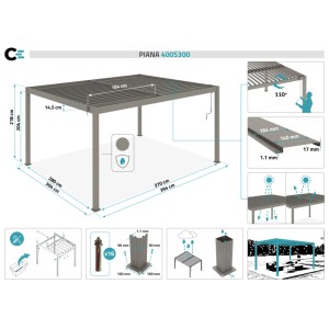 Technische Zeichnung: Taupefarbene Cazeboo Piana Bioklimatische Pergola 4x3m mit Maßen und Details.
