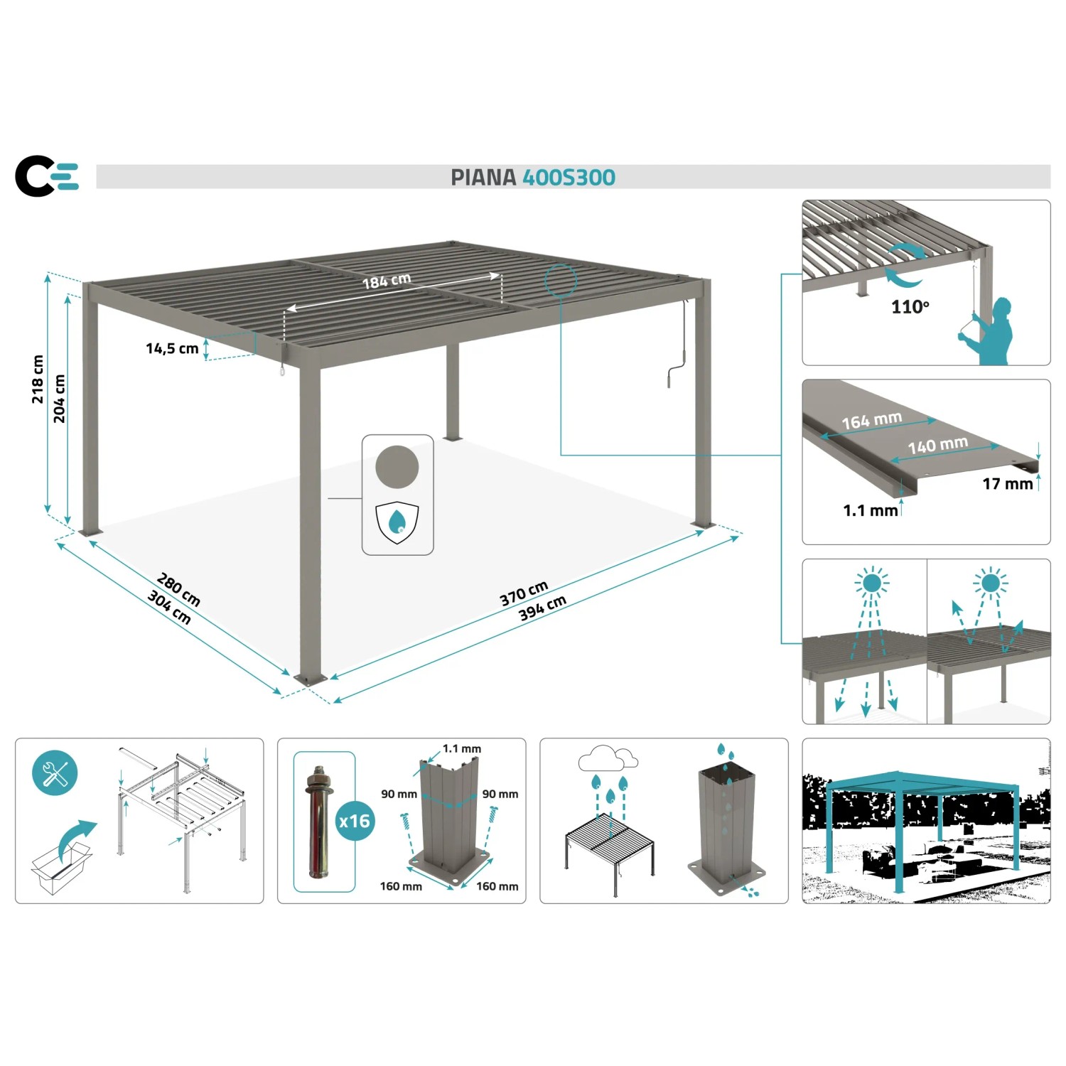 Technische Zeichnung: Taupefarbene Cazeboo Piana Bioklimatische Pergola 4x3m mit Maßen und Details.