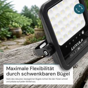 LUXULA LED Solarstrahler, 2750lm, kaltweiß, mit schwenkbarem Bügel für flexible Ausrichtung.
