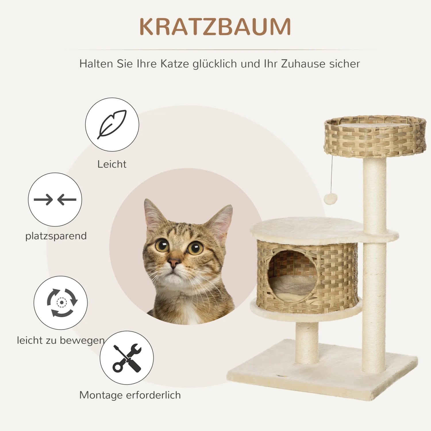 PawHut Kratzbaum aus Rattan mit Plattform, Katzenhaus und Sisal-Kratzstamm.