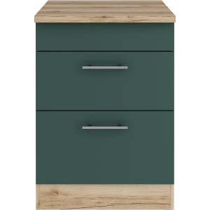 OPTIFIT Savona405 Unterschrank, 60 cm, Steingrün mit Arbeitsplatte in Wildeiche Optik und zwei Schubladen.