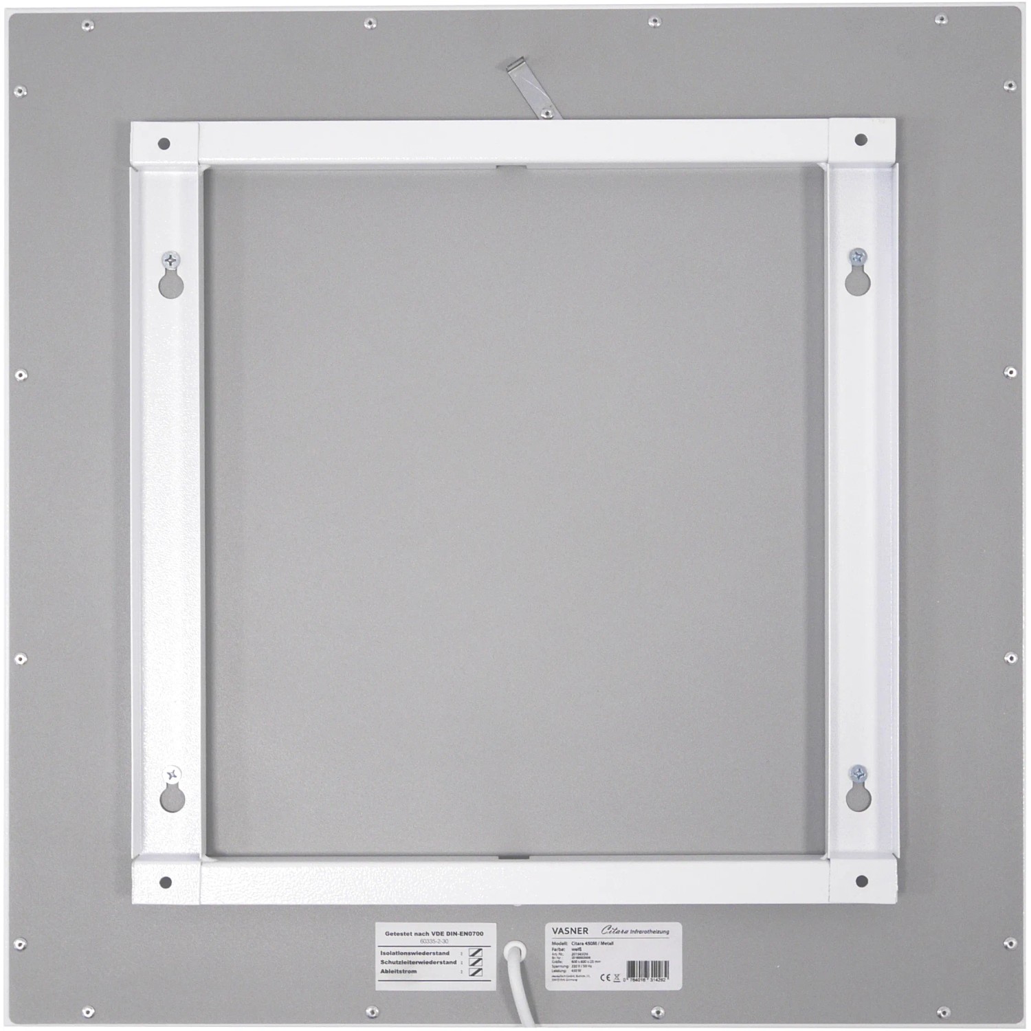 Rückansicht der weißen Vasner Infrarotheizung Citara M Metall 300W mit Wandhalterung.
