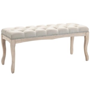 Beige Vintage Sitzbank mit Leinenpolsterung, Knopfheftung und geschwungenen Gummiholzbeinen. Möbel.
