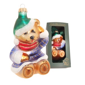 Weihnachtsornament: Großer Bär aus Glas von Krebs Glas Lauscha, 13 cm, mit Mütze und Schal.