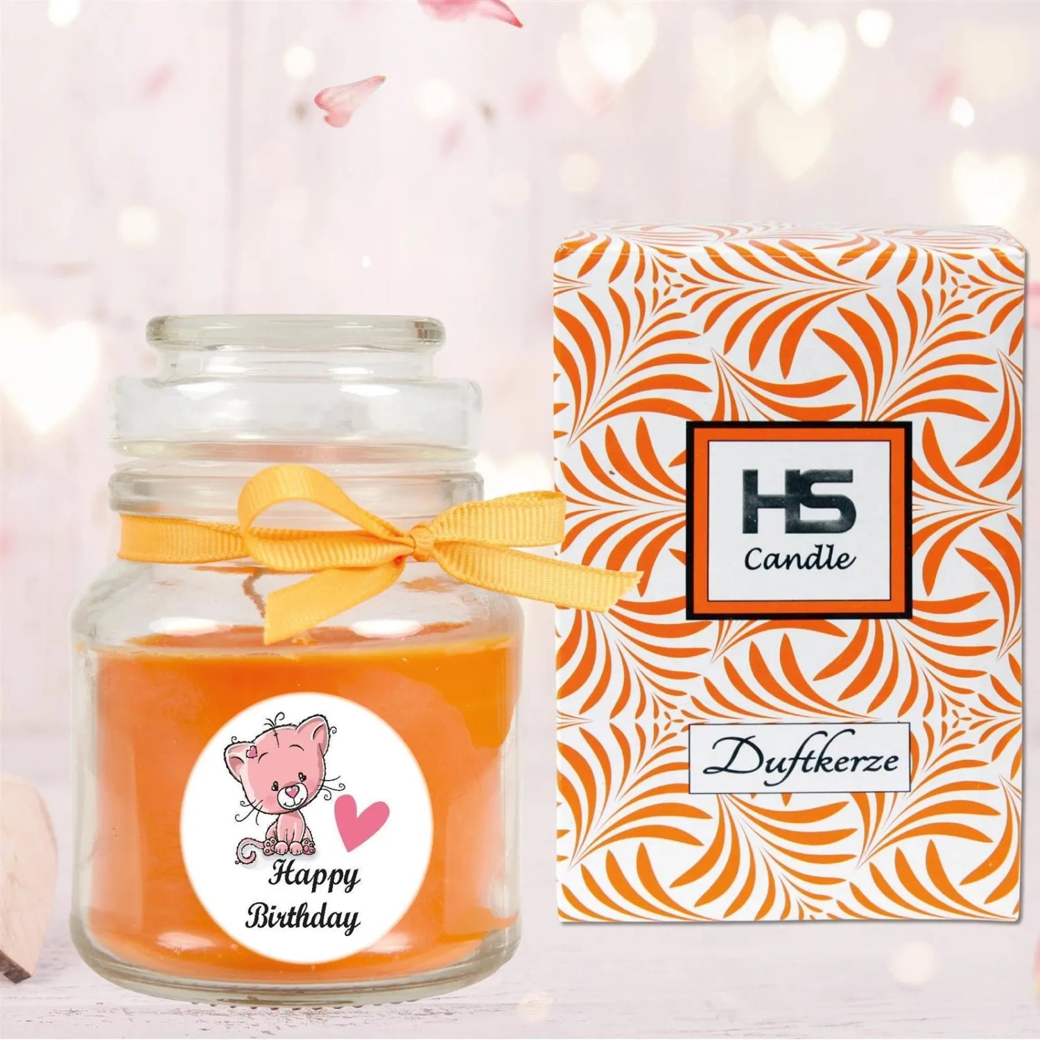 HS Candle Duftkerze Happy Birthday Honigmelone Katze im Glas mit Schleife und Verpackung.
