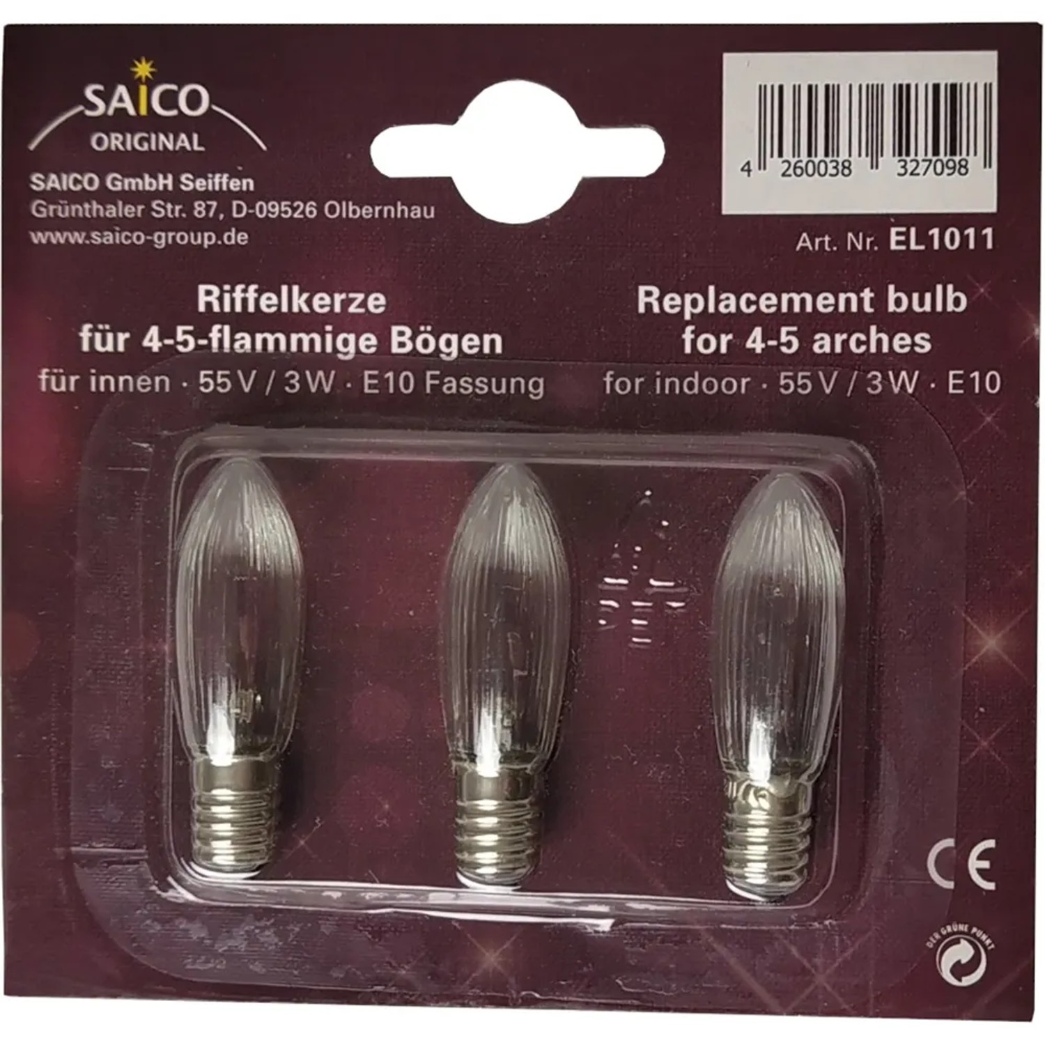 Saico Ersatzglühlampe/ Riffelkerze 3er-Pack E10-Fassung 55V, 3W Wamweiß