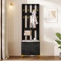 Modernes schwarzes Garderobenset mit Schuhschrank, gepolsterter Sitzbank und goldenen Haken. Elegante Wellenstruktur für den Flur.