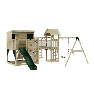 OutdoorToys Spielturm Johanna mit Rutsche, Schaukel und Kletterwand in Dunkelgrün.