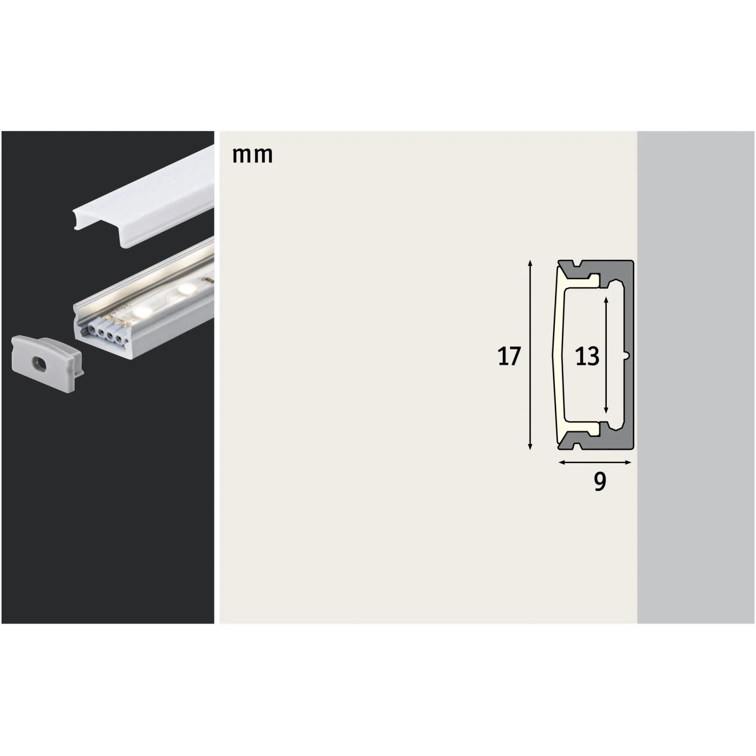 Paulmann Base Profil 1m mit Diffusor für LED-Streifen, Aluminium, inklusive Maße.
