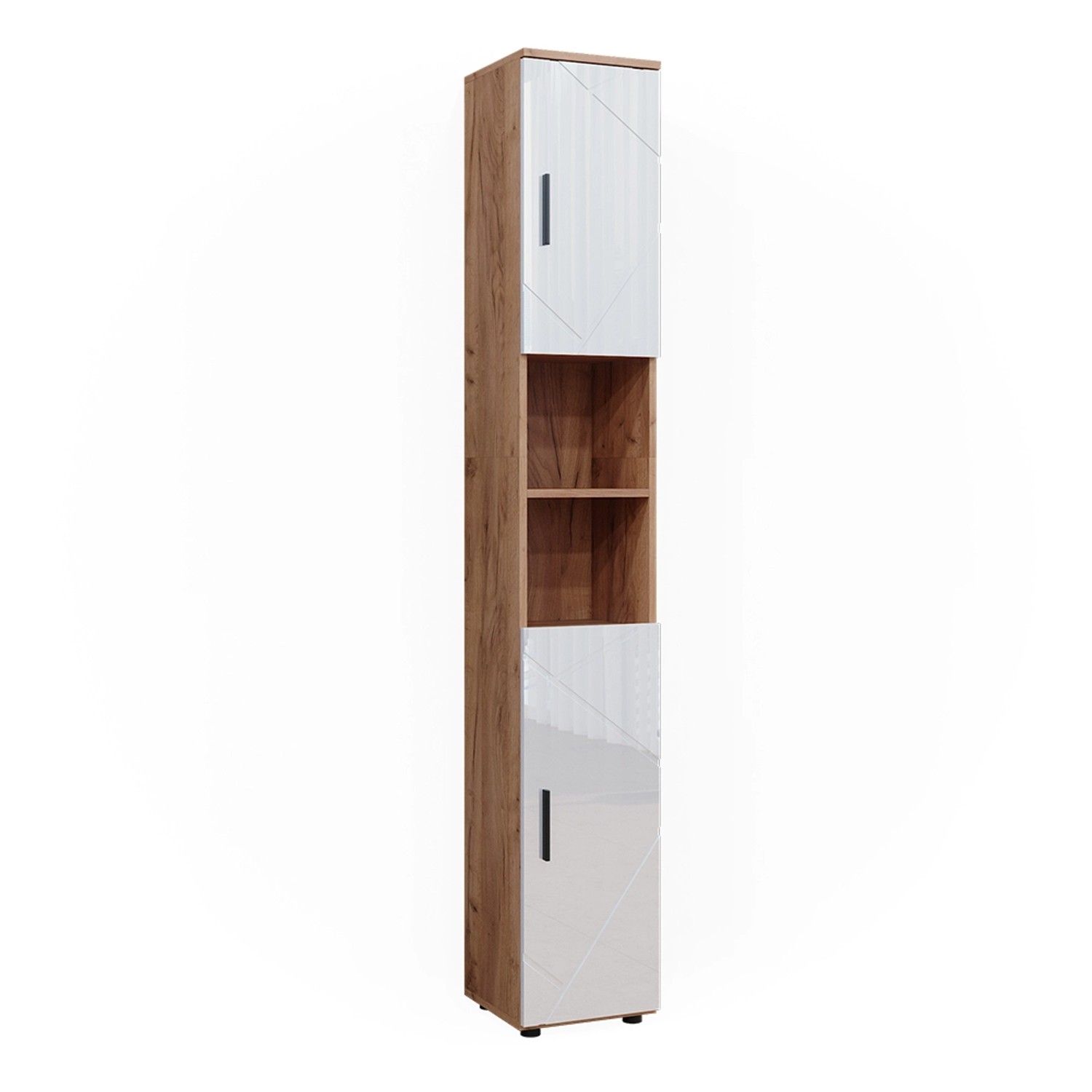 Vicco Badschrank Irma Eiche/Weiß Hochglanz 30 x 192 cm mit Türen und Offenen Fächern