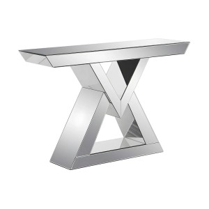Eleganter Konsolentisch Isida 120 cm in Silber mit verspiegelter Oberfläche und X-förmigem Gestell für Wohnzimmer.