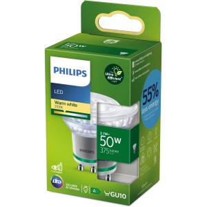 Philips GU10 LED Reflektorlampe, 2,1W, warmweiß, in Produktverpackung.