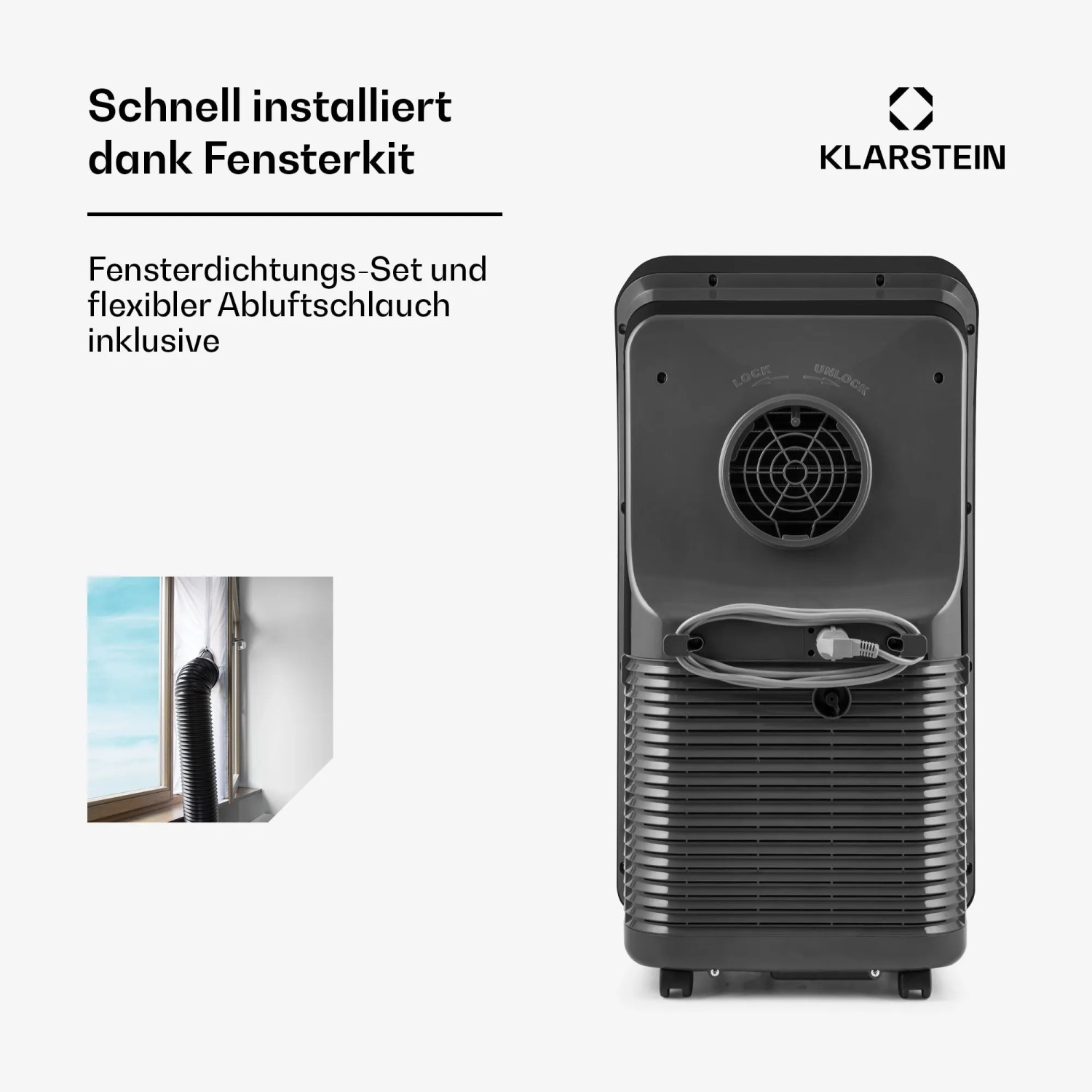Rückansicht der schwarzen Klarstein Klimaanlage mit Abluftschlauch und Fensterabdichtung.