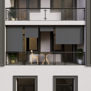 Graue Juskys Senkrechtmarkise Barbados 100x310 cm am Balkon für Sicht- und Sonnenschutz.