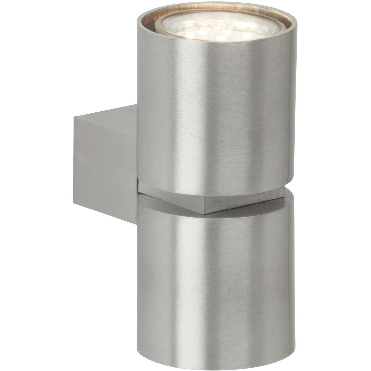 Moderne, 2-flammige LED-Wandleuchte Izon von Brilliant aus gebürstetem Aluminium.