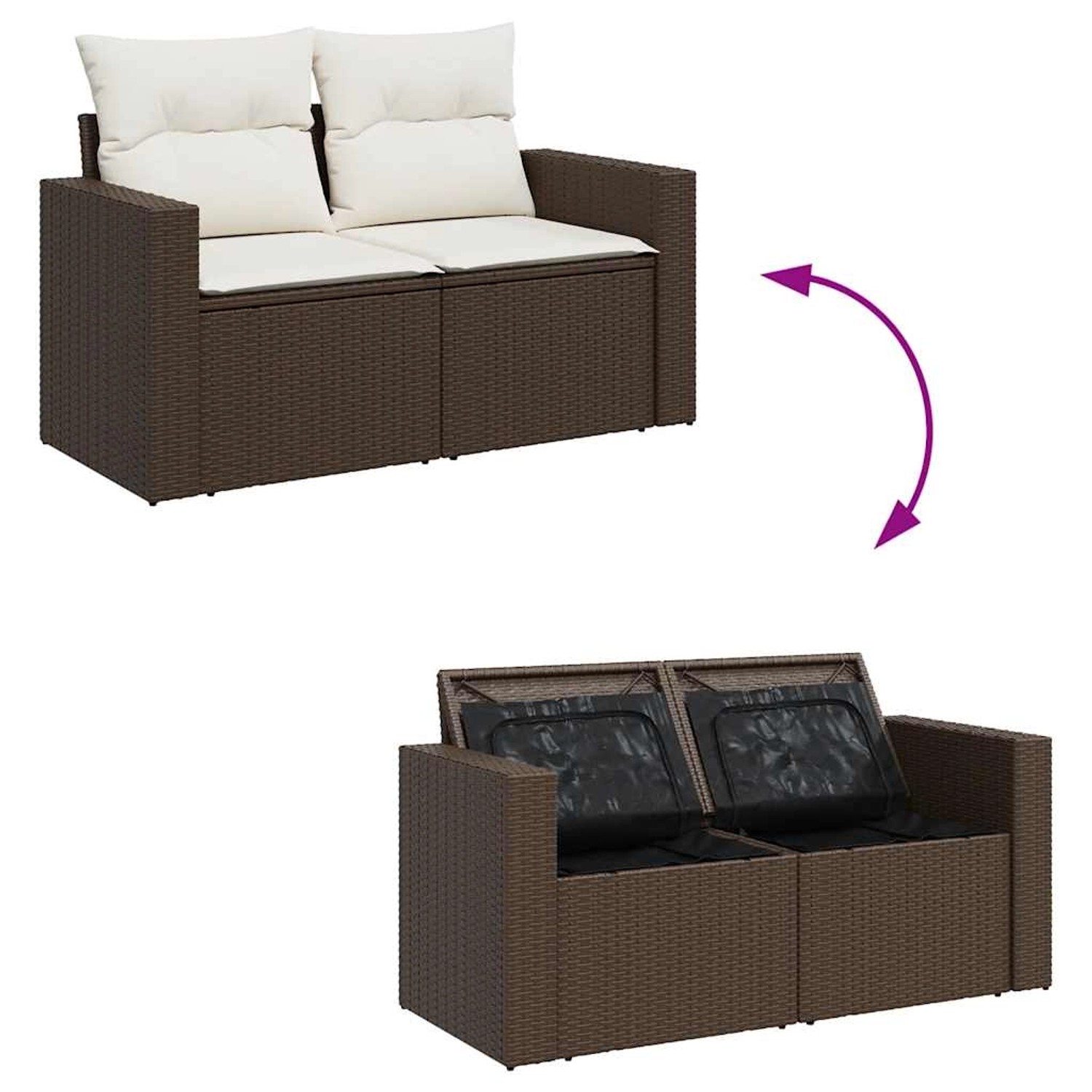 Braune 5-tlg. vidaXL Garten-Sofagarnitur aus Rattan mit Kissen und Stauraum unter den Sitzen.