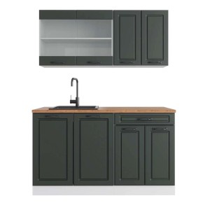 Vicco Singleküche, 140 cm, Anthrazit/Weiß im Landhausstil mit Eiche Arbeitsplatte.