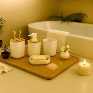 Relaxdays Badezimmer Set Kunststoff Bambus Weiß mit 6 Teilen