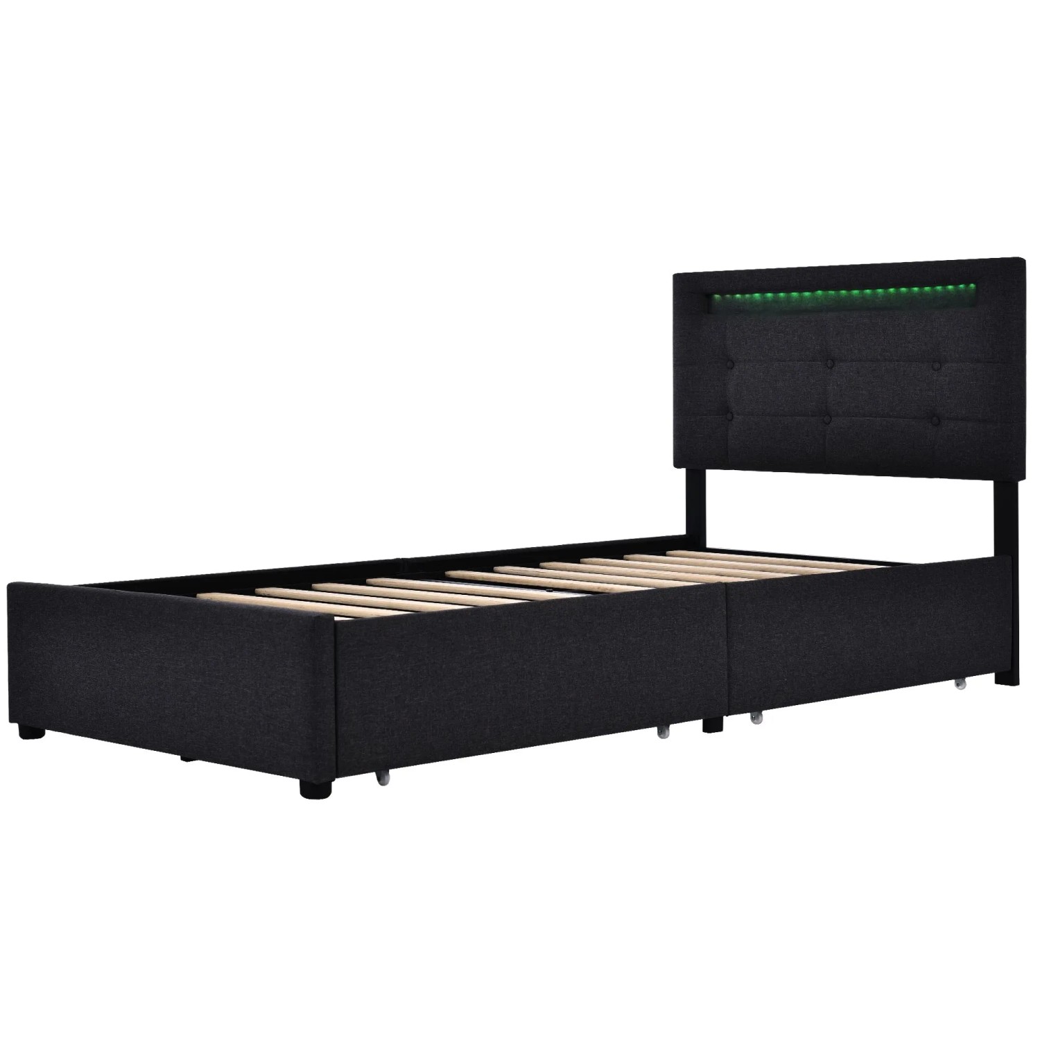 Okwish Polsterbett 90x200cm Mit Led Beleuchtung Schubladen Kinderzimmer Schwarz Ohne Matratze