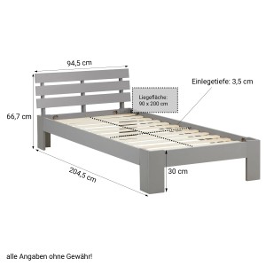 Homestyle4u Holzbett 90x200 grau mit Lattenrost, Maßeinteilung