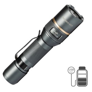 LED Akku-Taschenlampe, dimmbar & zoombar, mit Clip. Ideal für Outdoor & Camping.