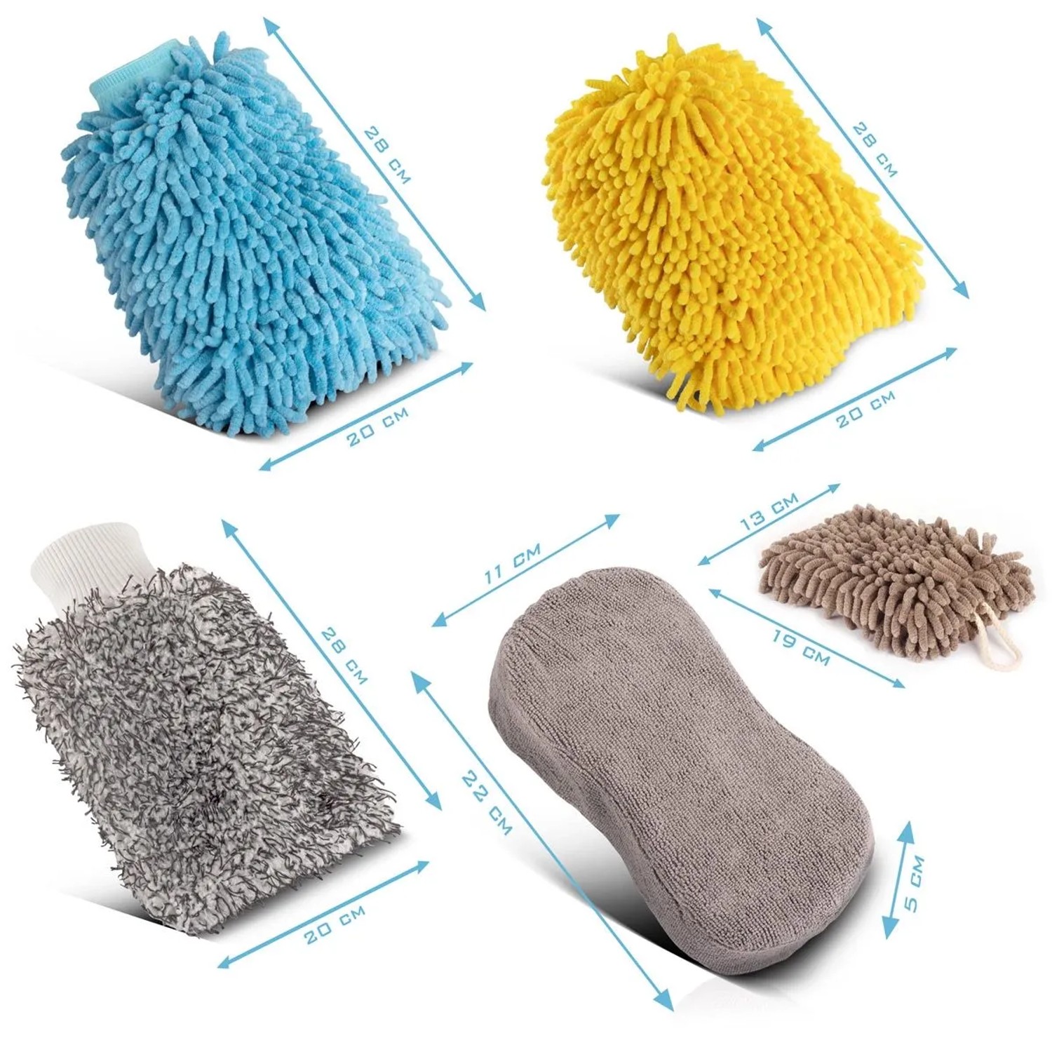 STAHLWERK Autowaschhandschuh 5er Set: blaue, gelbe, graue Mikrofaser-Handschuhe, braunes Tuch, Schwamm für Autopflege.
