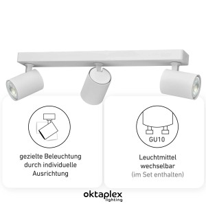 Oktaplex Bora, 3-flammige, schwenkbare LED Deckenleuchte aus Aluminium, weiß.