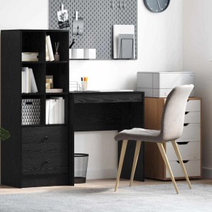 Schreibtisch in Schwarz Eichen-Optik mit Regal und Stuhl im modernen Arbeitszimmer.