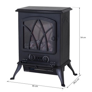 Schwarzer HOMCOM Elektrokamin mit rustikalem Design, dimmbarer Beleuchtung und künstlichem Flammeneffekt. Maße: 54x45x28,5 cm.